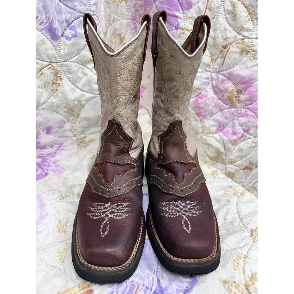 California Western Cowboy‎ Boots Two-Tone Leather Pull-On Size 4.5